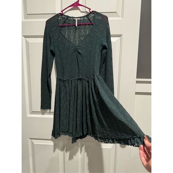 Intimately Free People Marsha Floral Lace Sheer Long Sleeve Forest Green Dress S - Picture 3 of 10